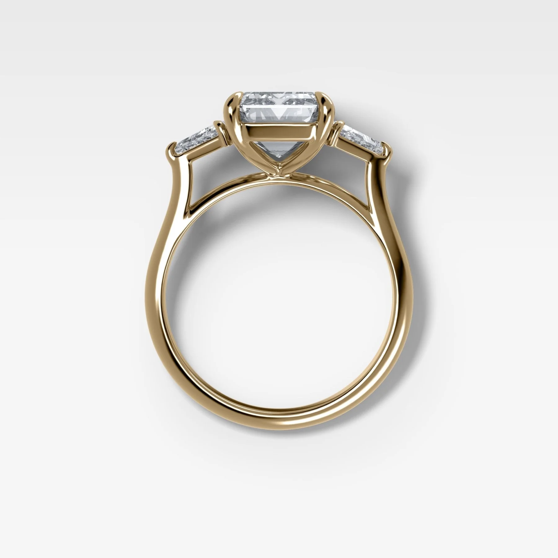 Three Stone Engagement Ring With Kite Side Stones and Emerald Cut Diamond - Image 2