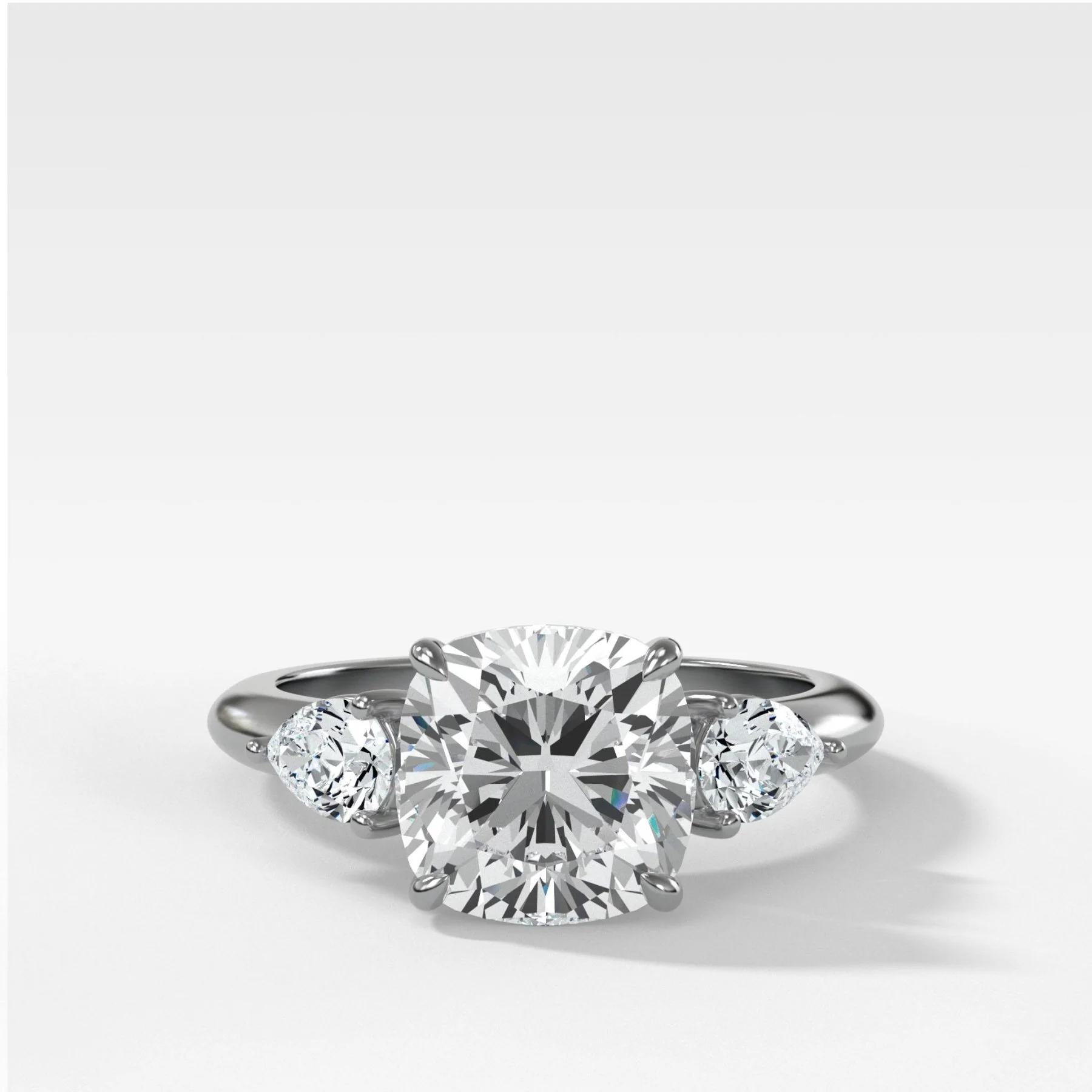 Three Stone Engagement Ring With Pear Side Stones and Cushion Cut Diamond - Image 3