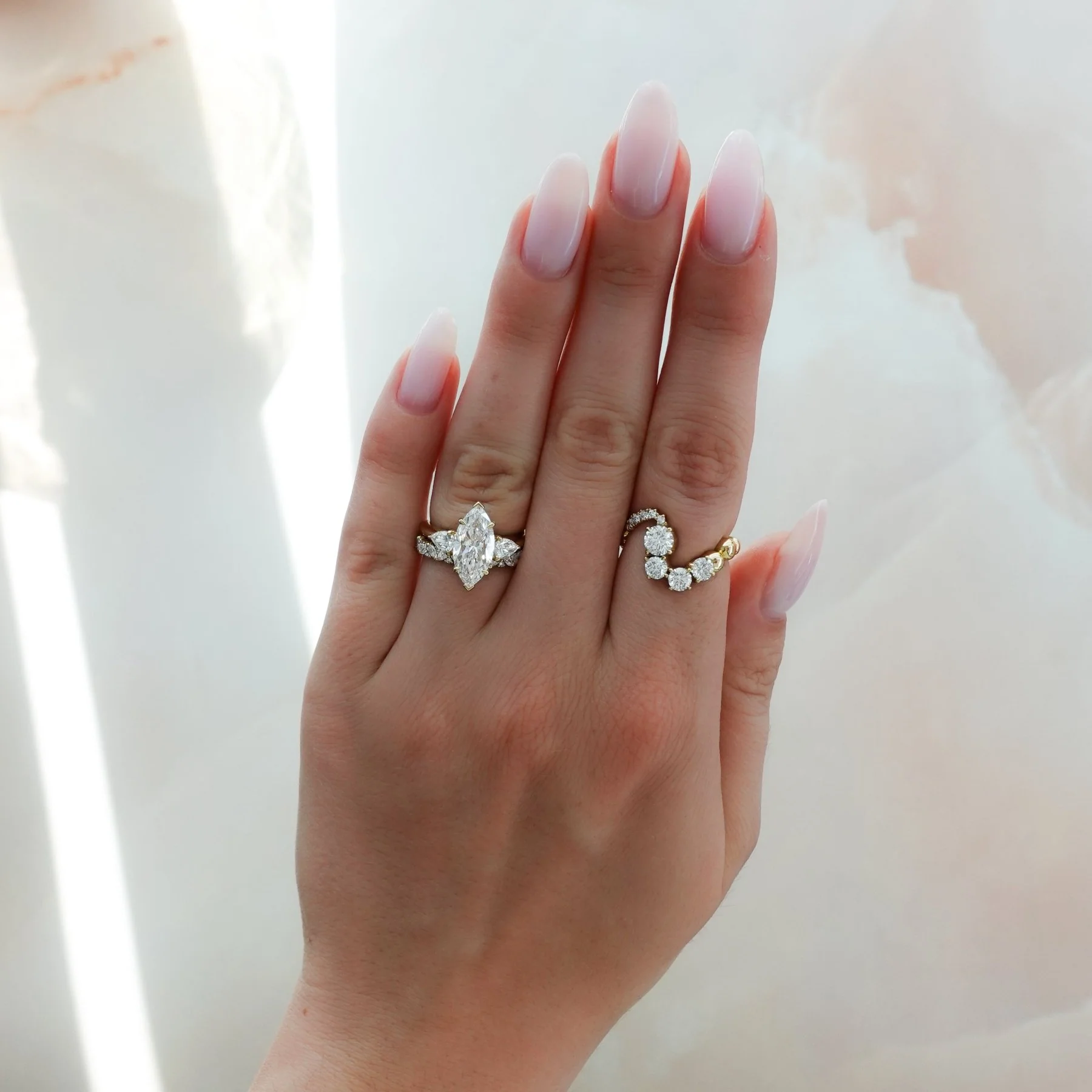 Three Stone Engagement Ring With Pear Side Stones and Marquise Cut Diamond - Image 7