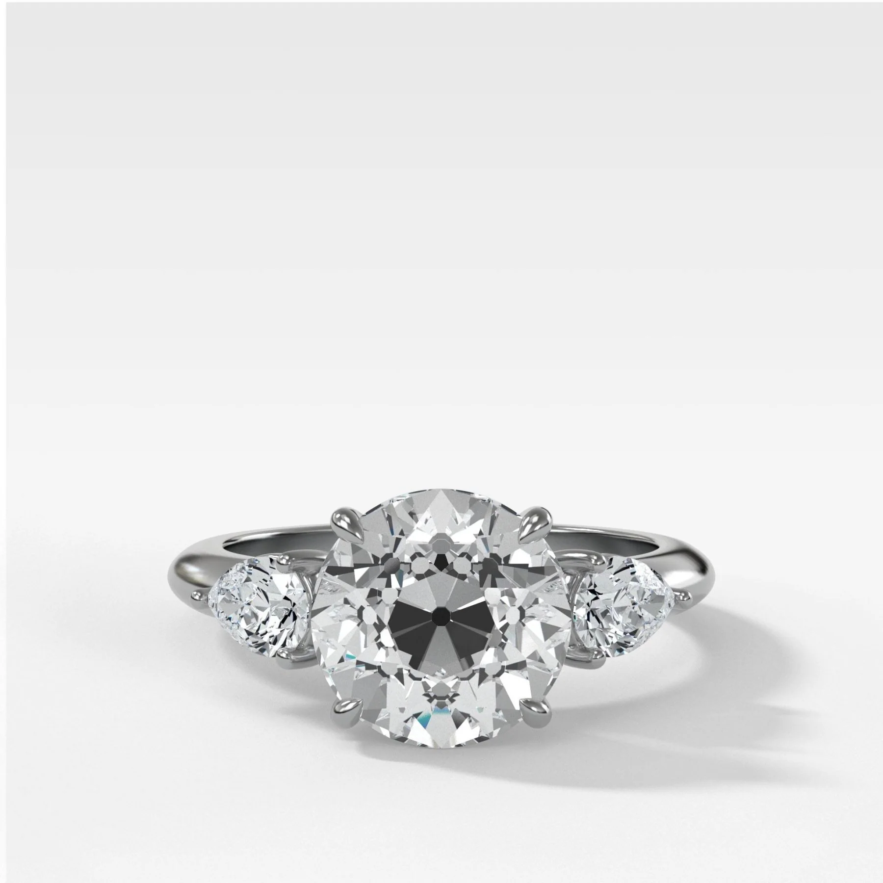 Three Stone Engagement Ring With Pear Side Stones and Old Euro Cut Diamond - Image 3