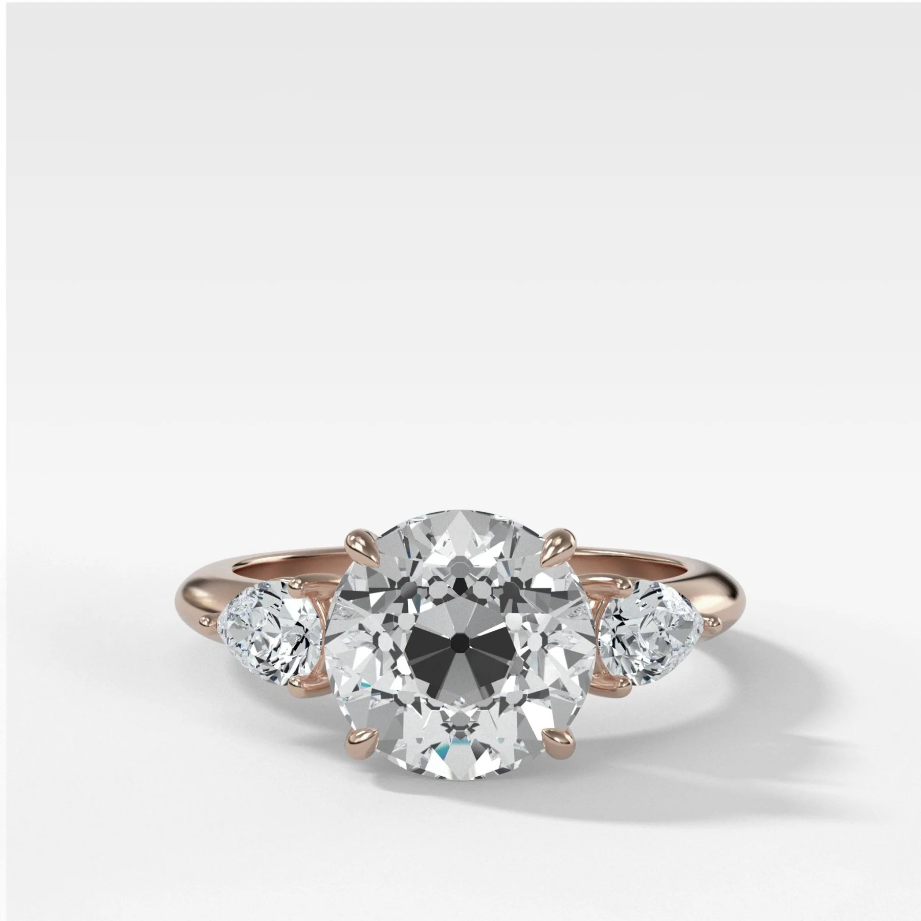 Three Stone Engagement Ring With Pear Side Stones and Old Euro Cut Diamond - Image 4