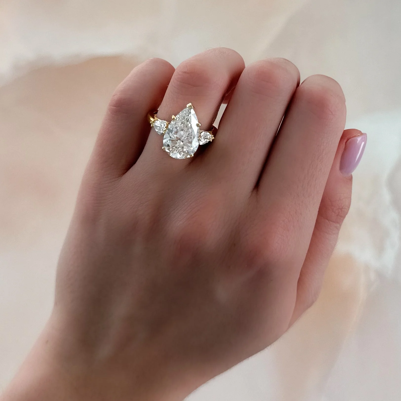 Three Stone Engagement Ring With Pear Side Stones and Pear Cut Diamond - Image 3