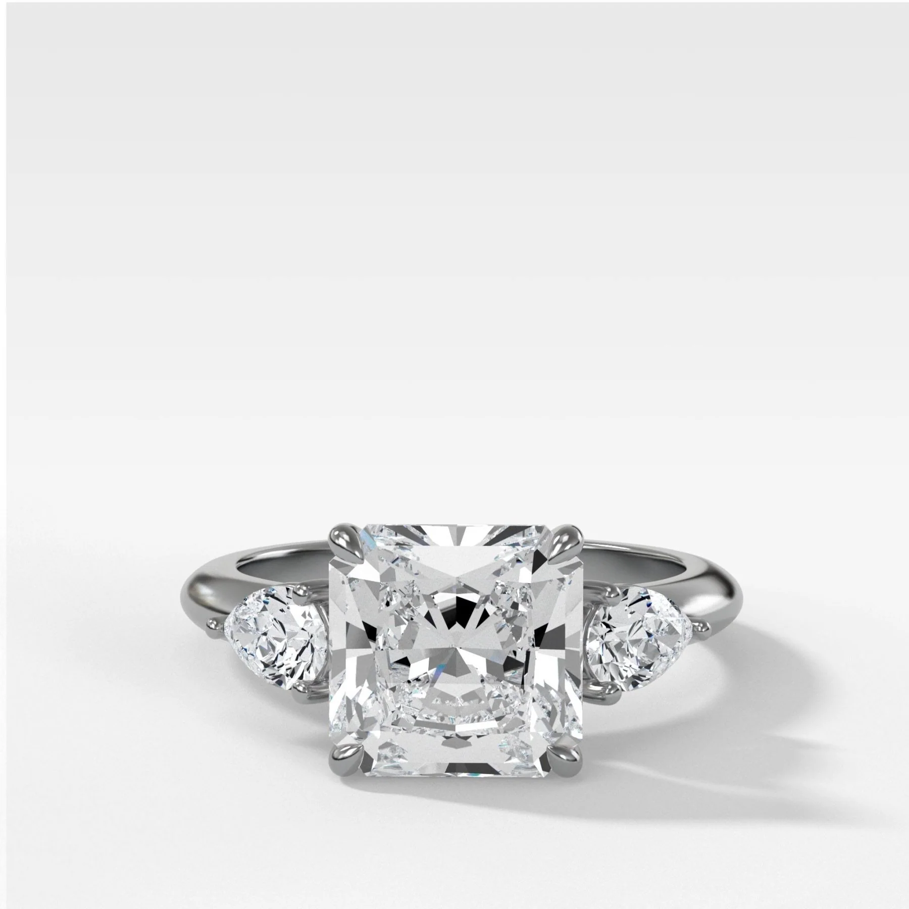Three Stone Engagement Ring With Pear Side Stones and Radiant Square Cut Diamond - Image 3