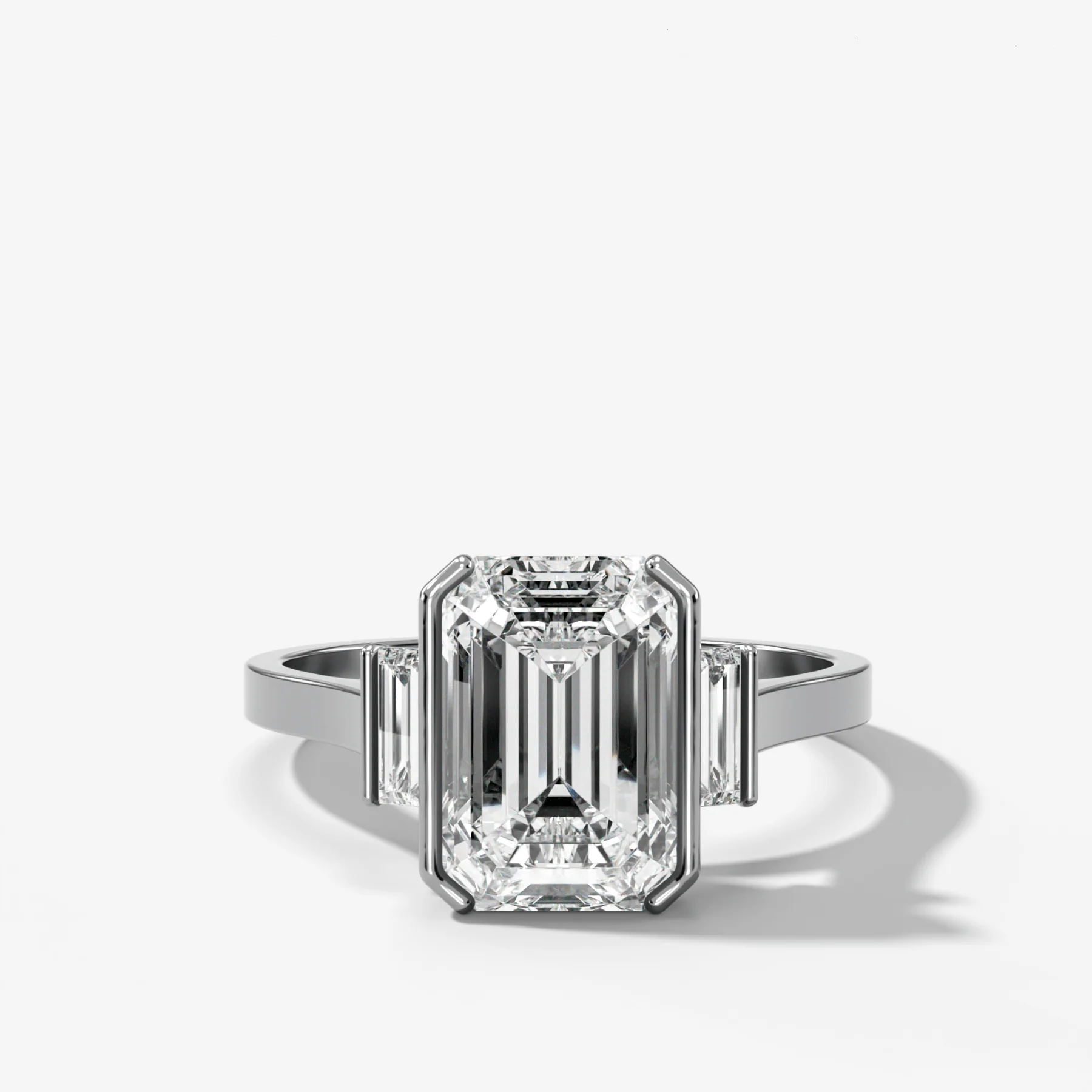 Three Stone Half Bezel Engagement Ring with Mini Baguette Side Stones and Emerald Cut Diamond No.2 - Image 2