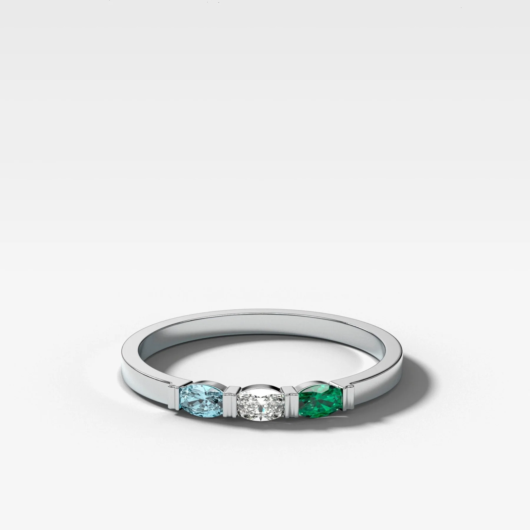 Three Stone Oval Wedding Band with Green Emerald and Aquamarine Gemstones - Image 2