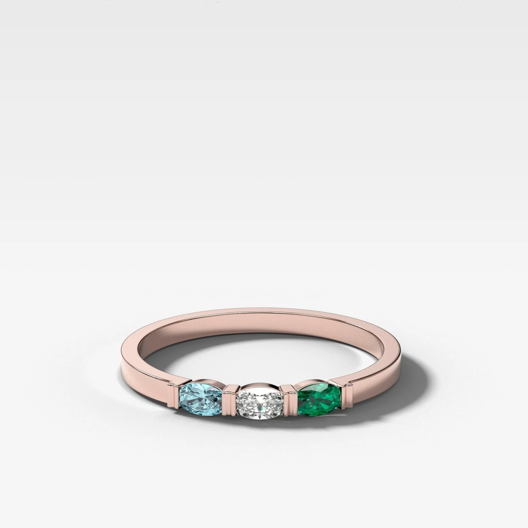 Three Stone Oval Wedding Band with Green Emerald and Aquamarine Gemstones - Image 3