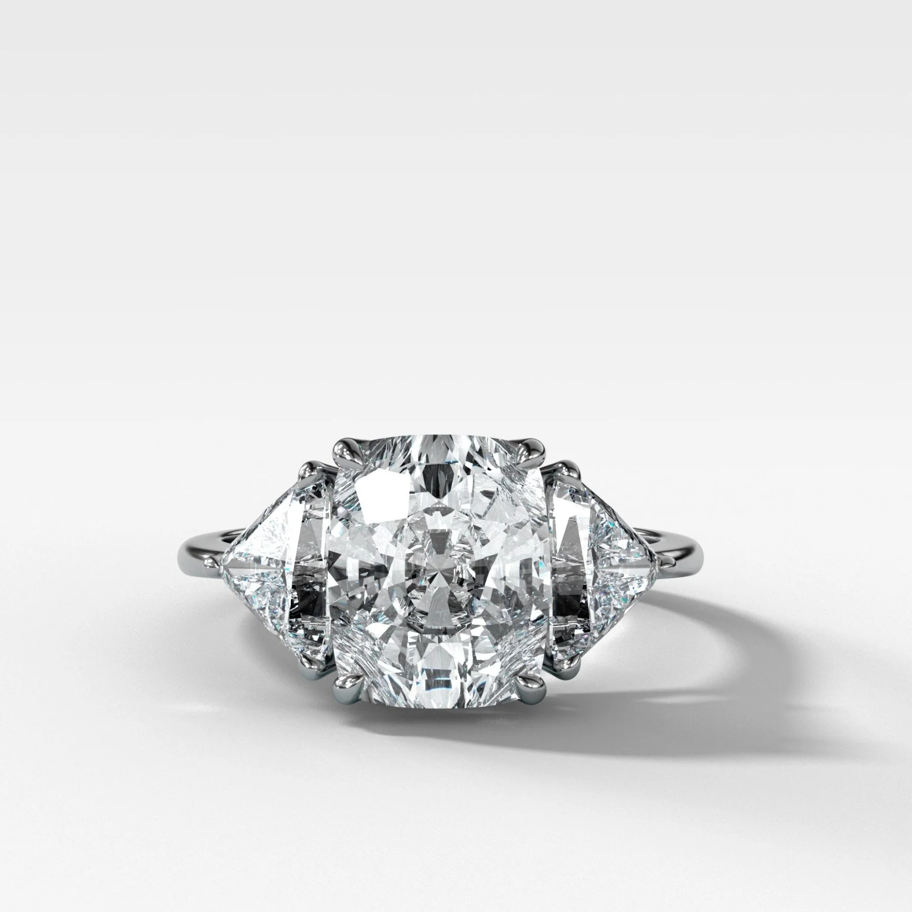 Three Stone Engagement Ring with Shield Side Stones and an Elongated Cushion cut Diamond - Image 3