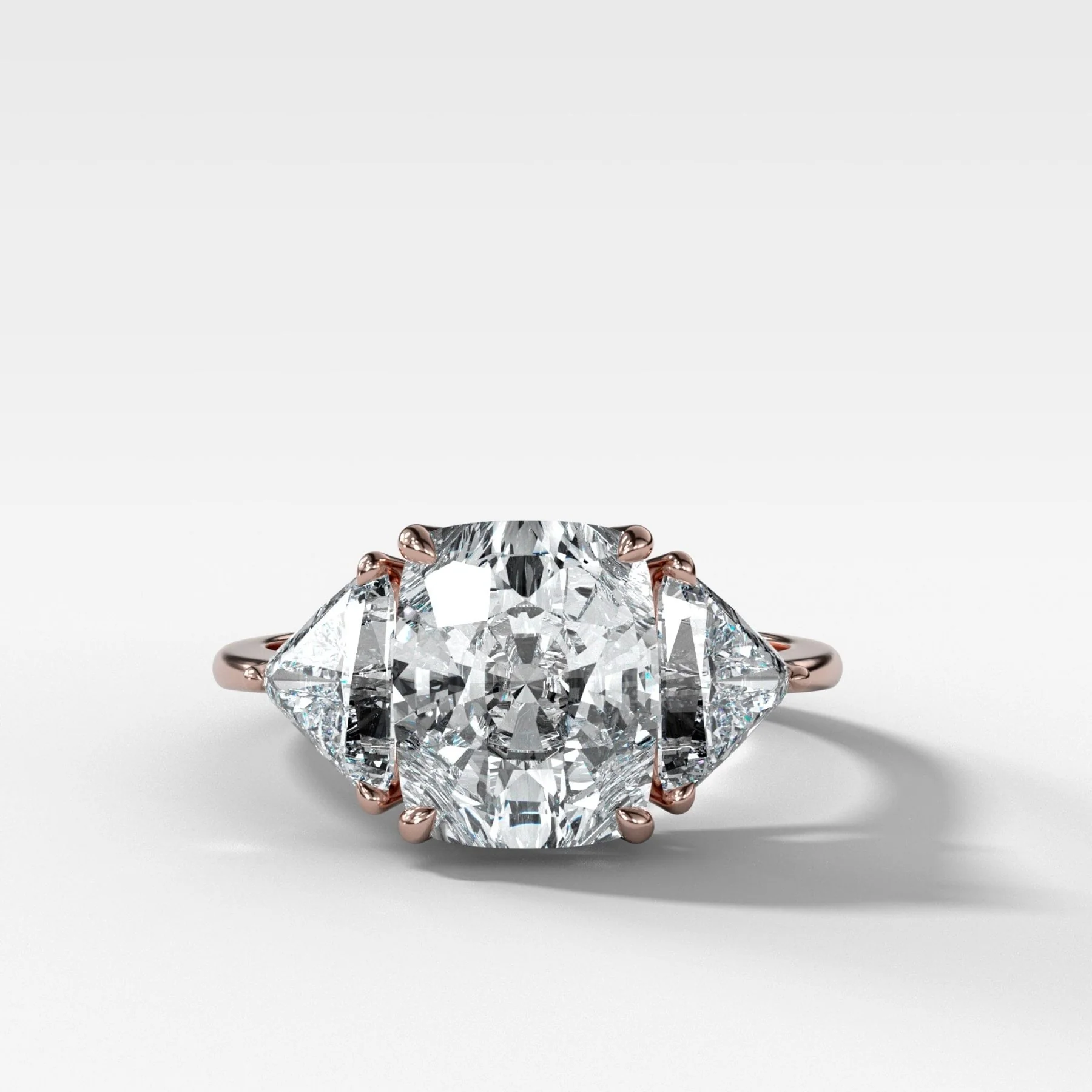 Three Stone Engagement Ring with Shield Side Stones and an Elongated Cushion cut Diamond - Image 4