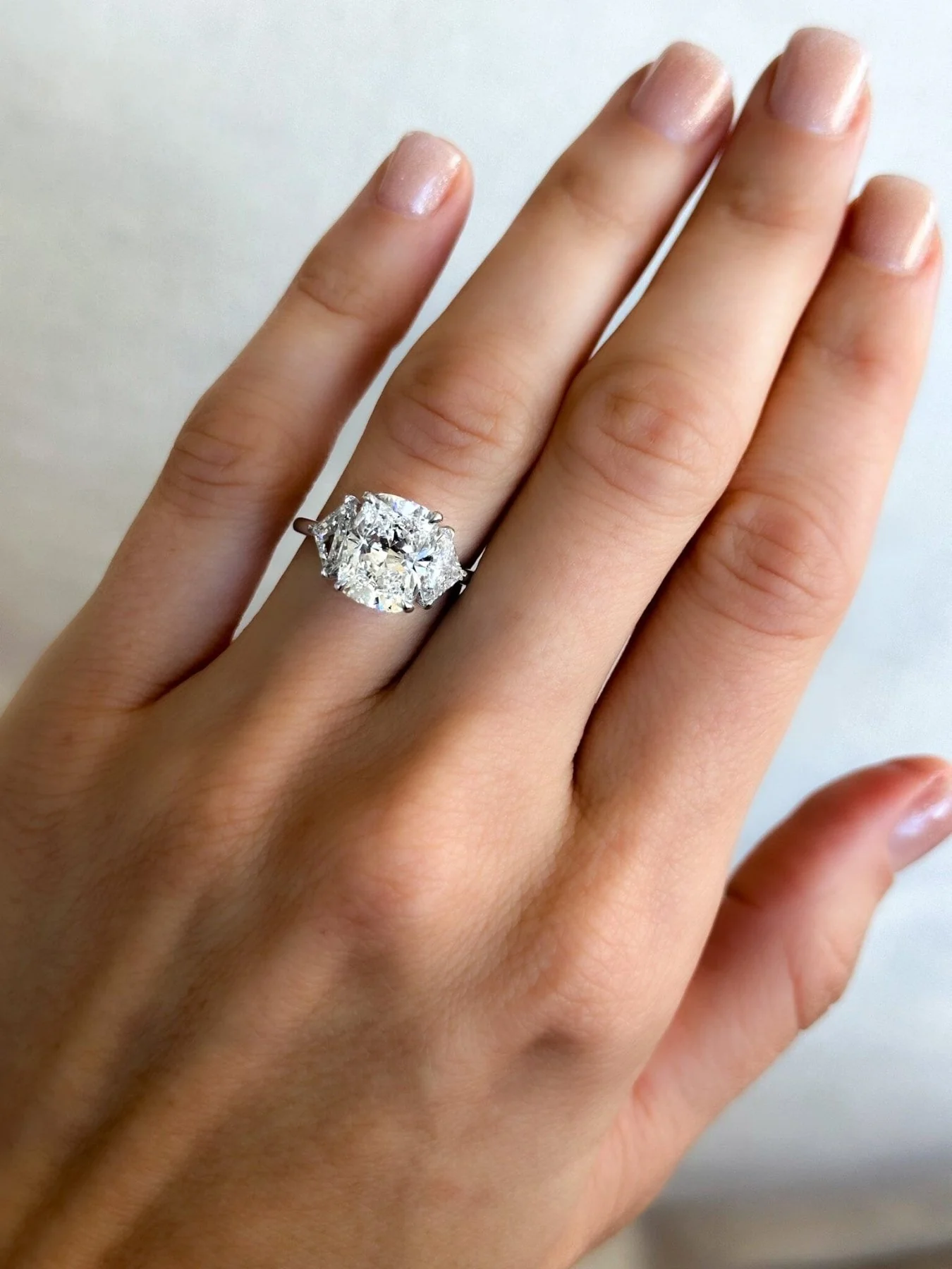 Three Stone Engagement Ring with Shield Side Stones and an Elongated Cushion cut Diamond - Image 5