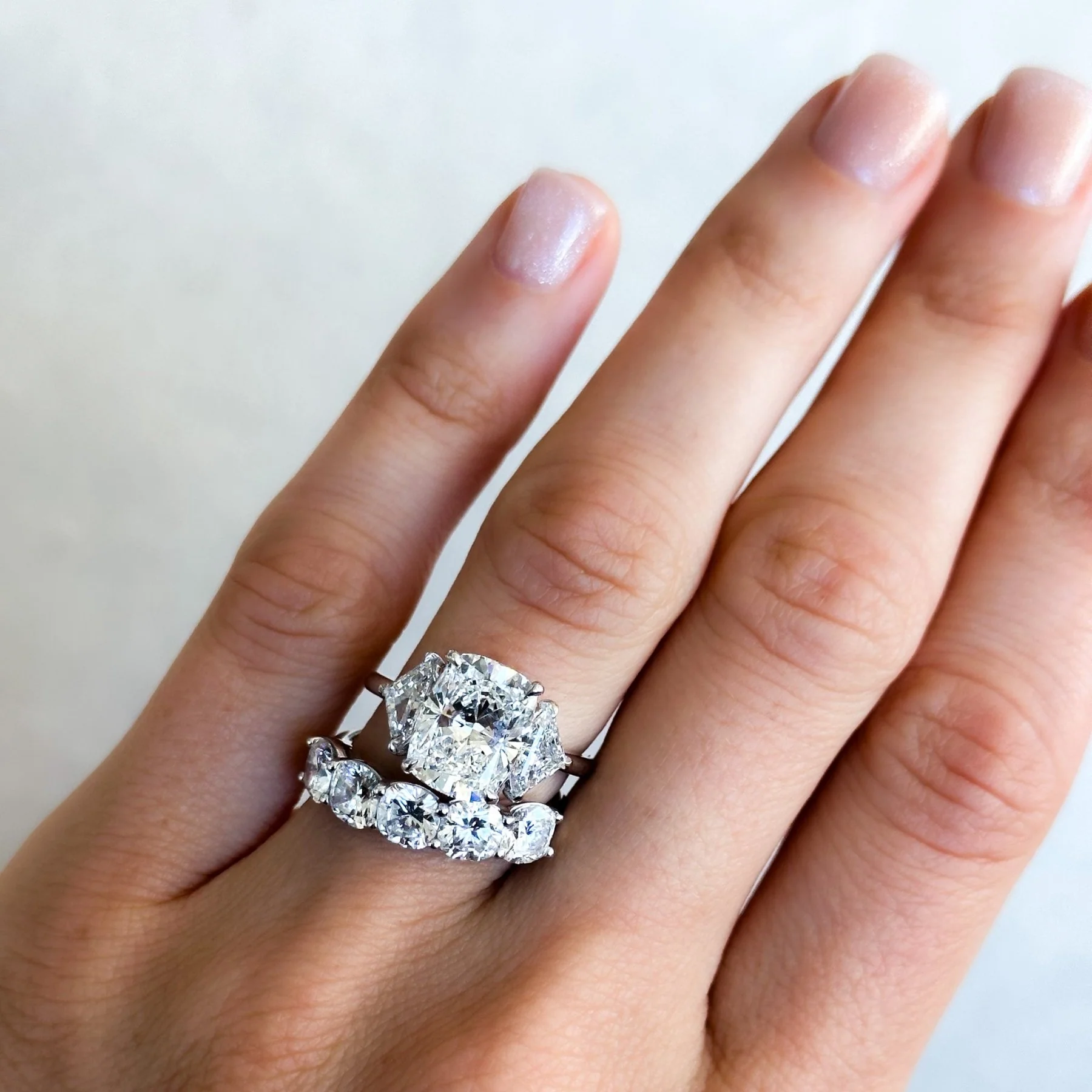 Three Stone Engagement Ring with Shield Side Stones and an Elongated Cushion cut Diamond - Image 6