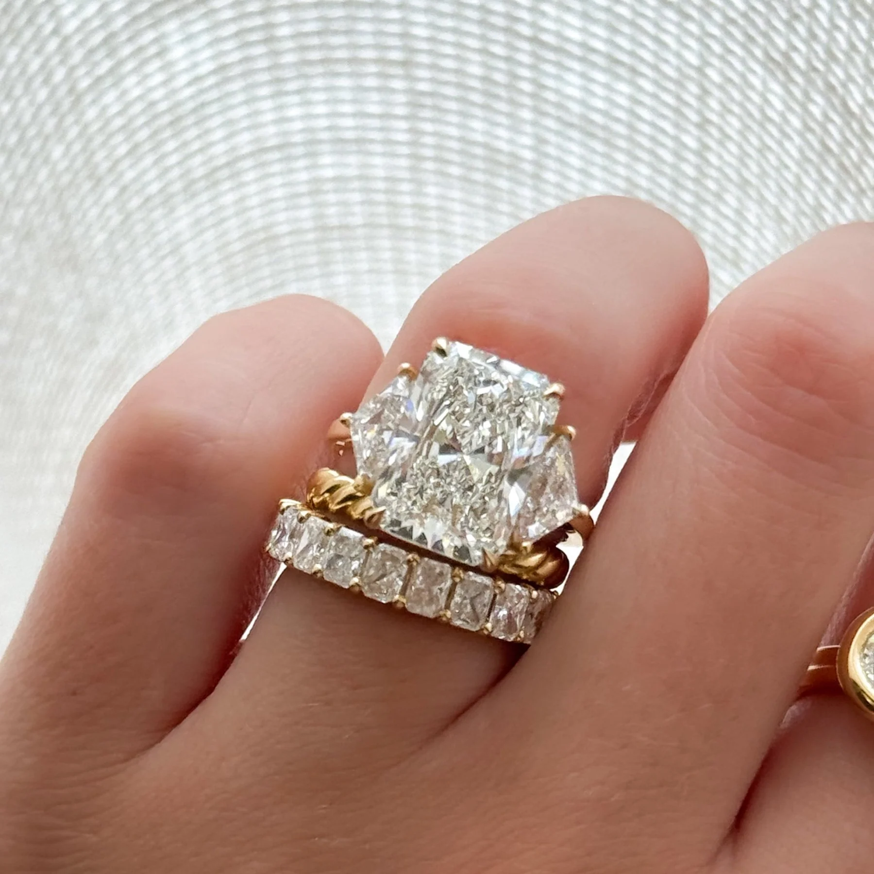 Three Stone Engagement Ring with Shield Side Stones and an Elongated Radiant cut Diamond - Image 6