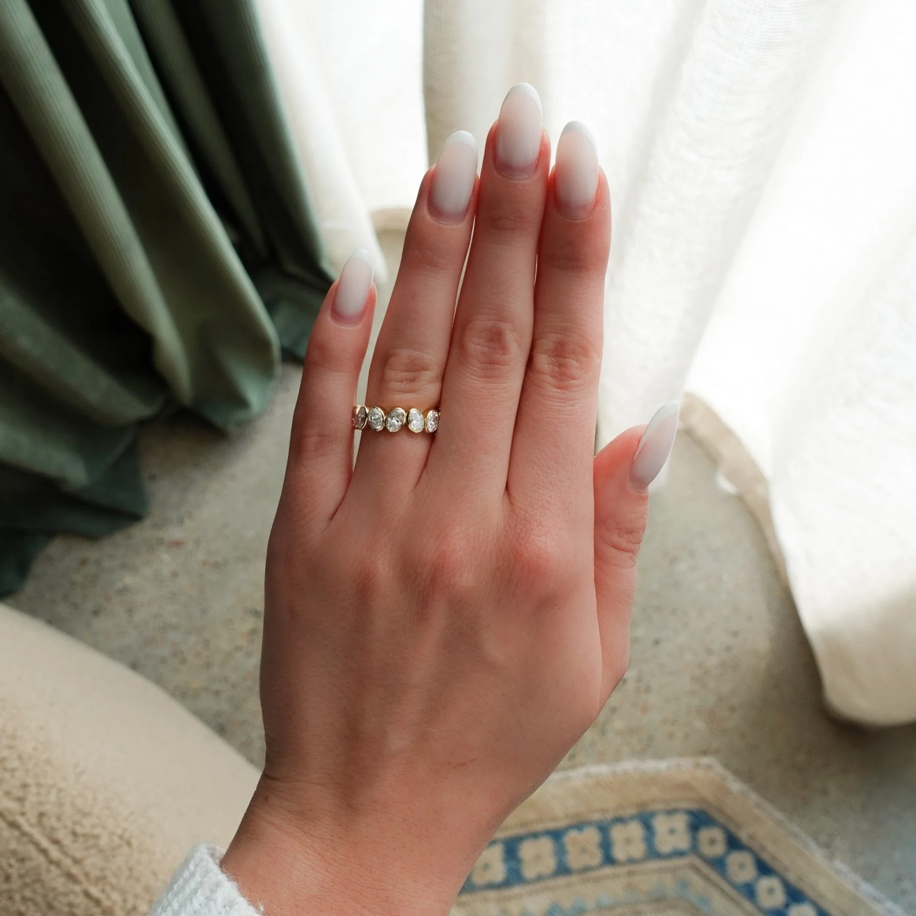 Tilted Bezel Set Wedding Band with Oval Cuts - Image 3