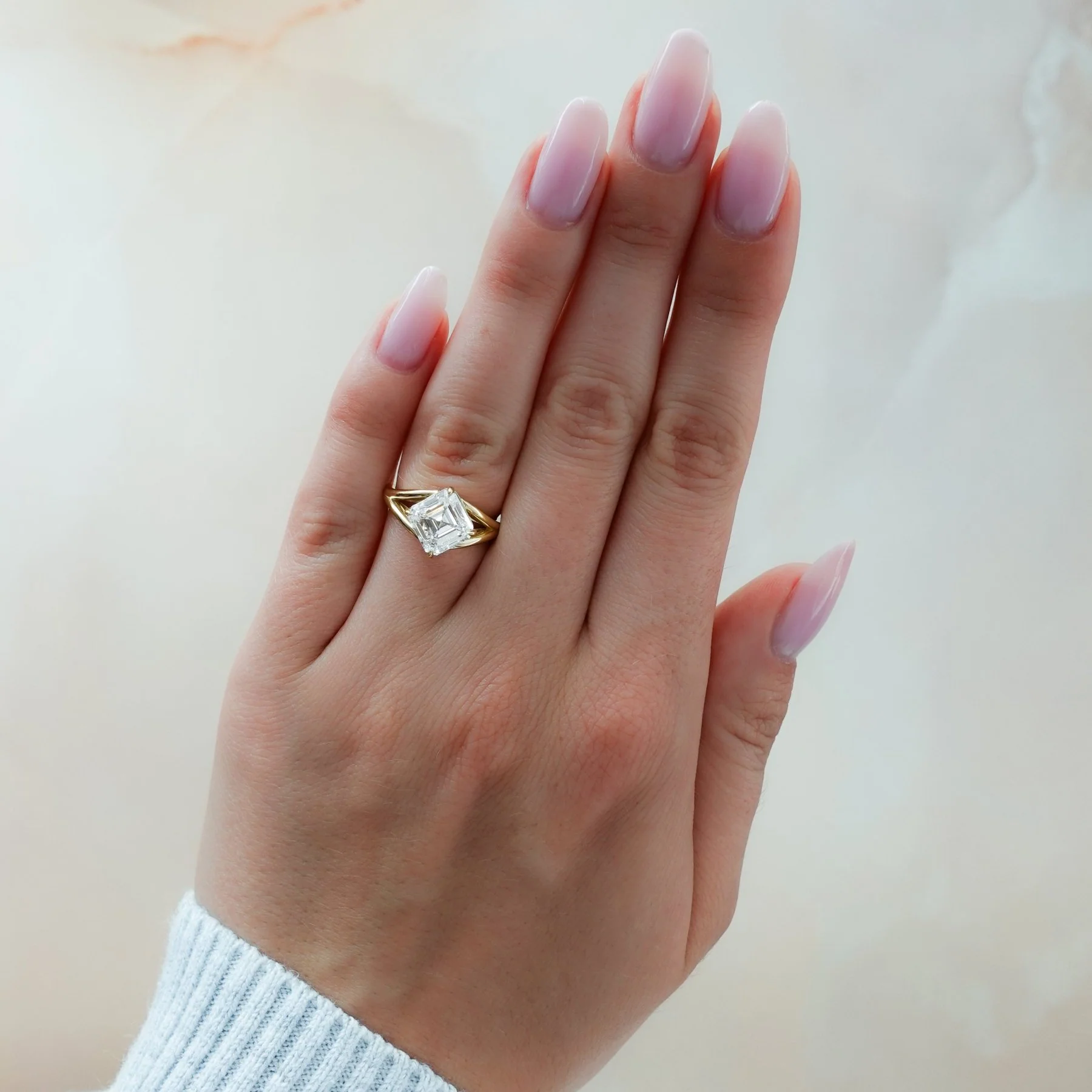 Split Shank Solitaire Engagement Ring with Tilted Asscher Cut Diamond - Image 8