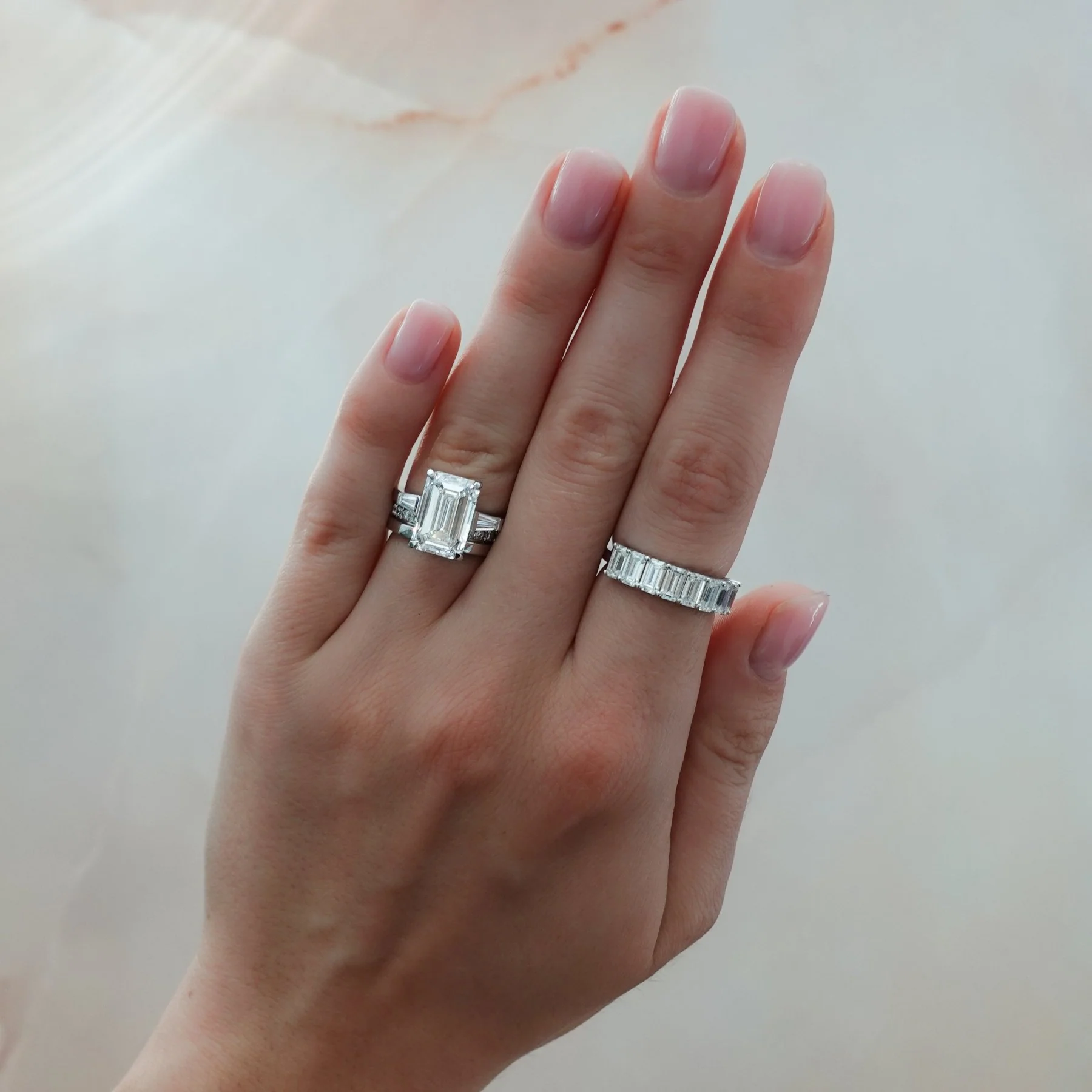 Translunar Tapered Baguette Engagement Ring With North South Emerald Cut Diamond - Image 8