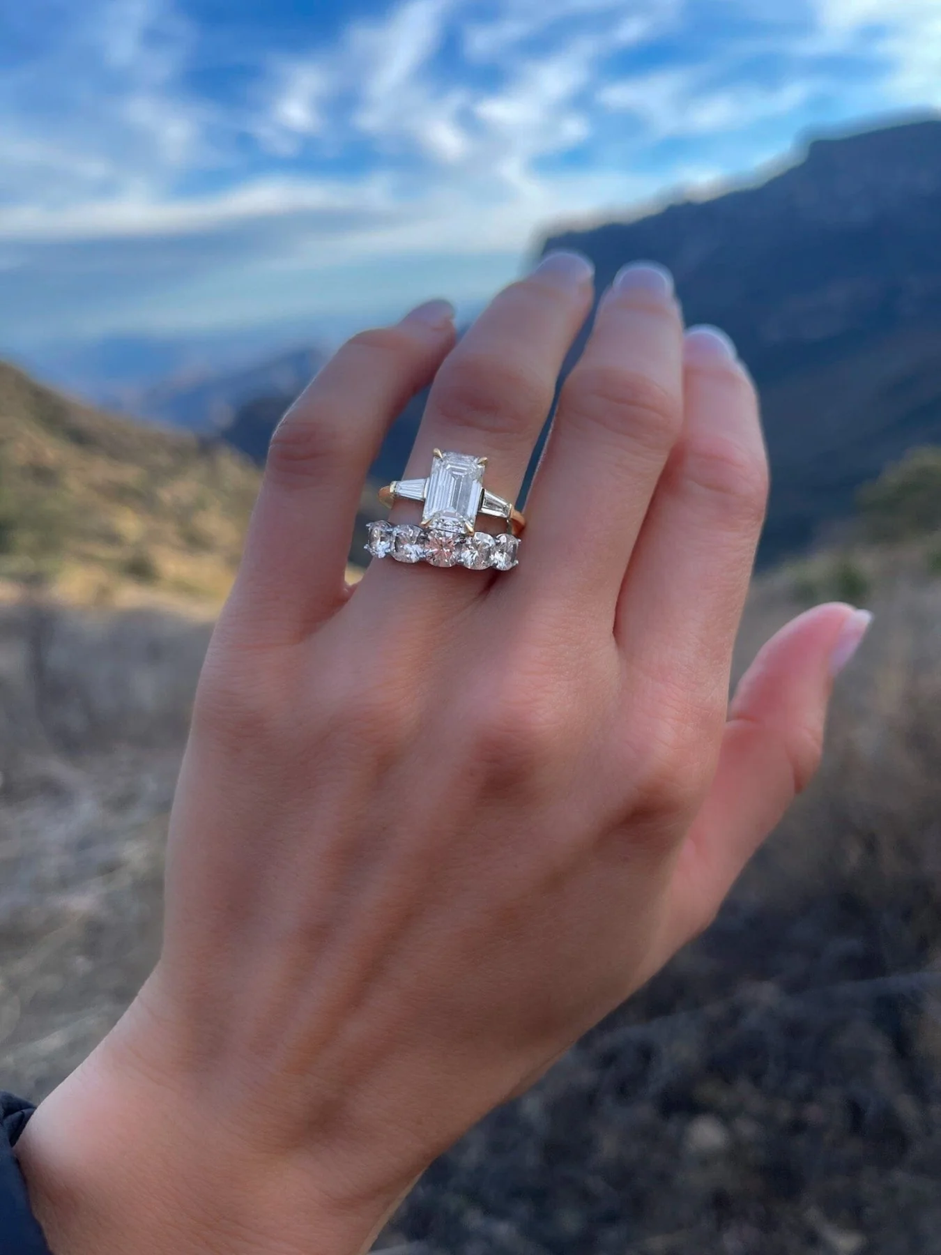 Translunar Tapered Baguette Engagement Ring With North South Emerald Cut Diamond - Image 9