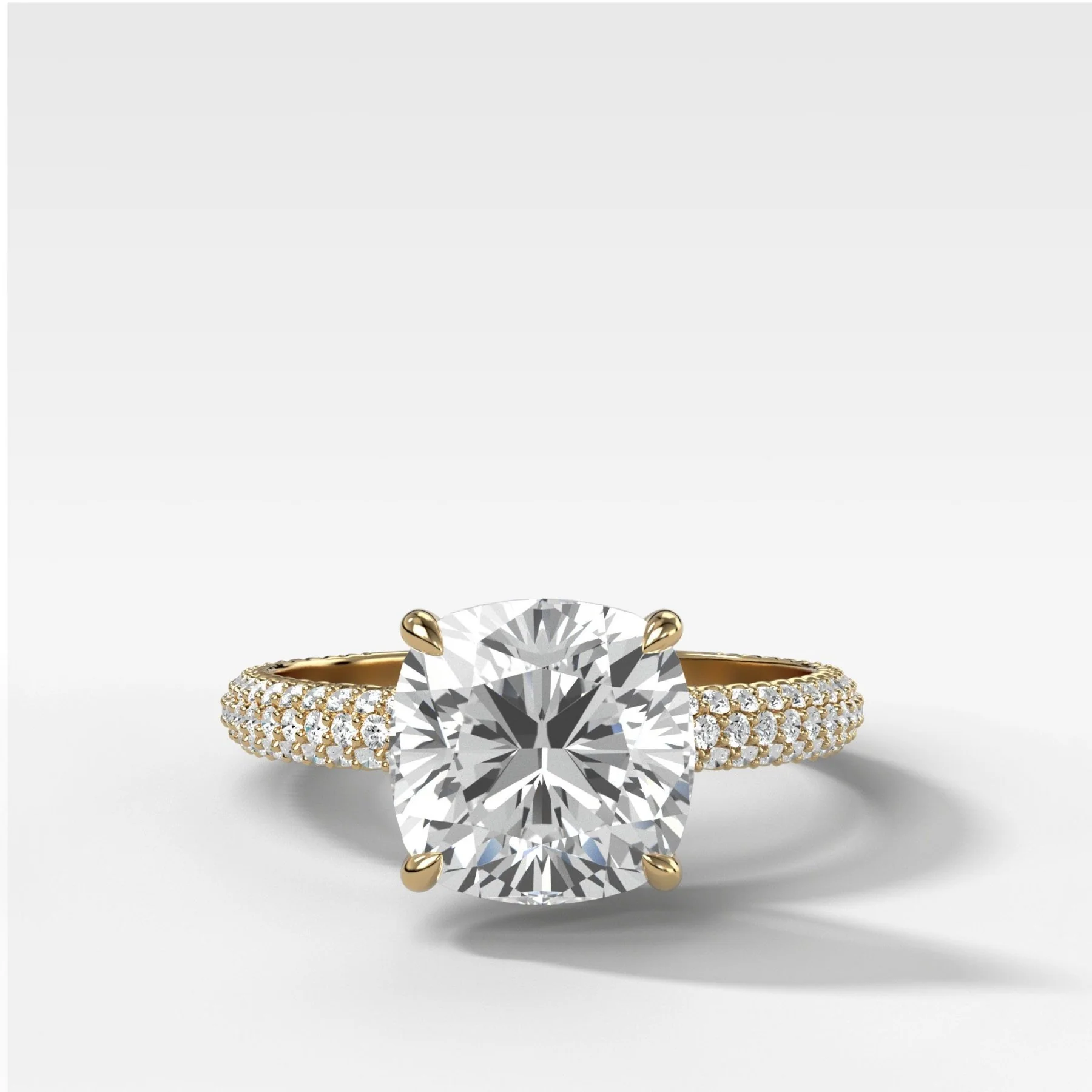 Triple Row Pavé Engagement Ring With Cushion Cut Diamond