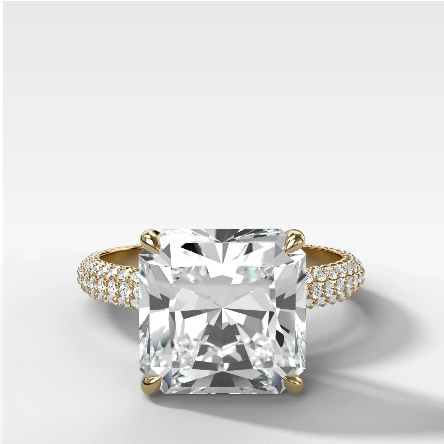 Triple Row Pavé Engagement Ring With Radiant Square Cut Diamond