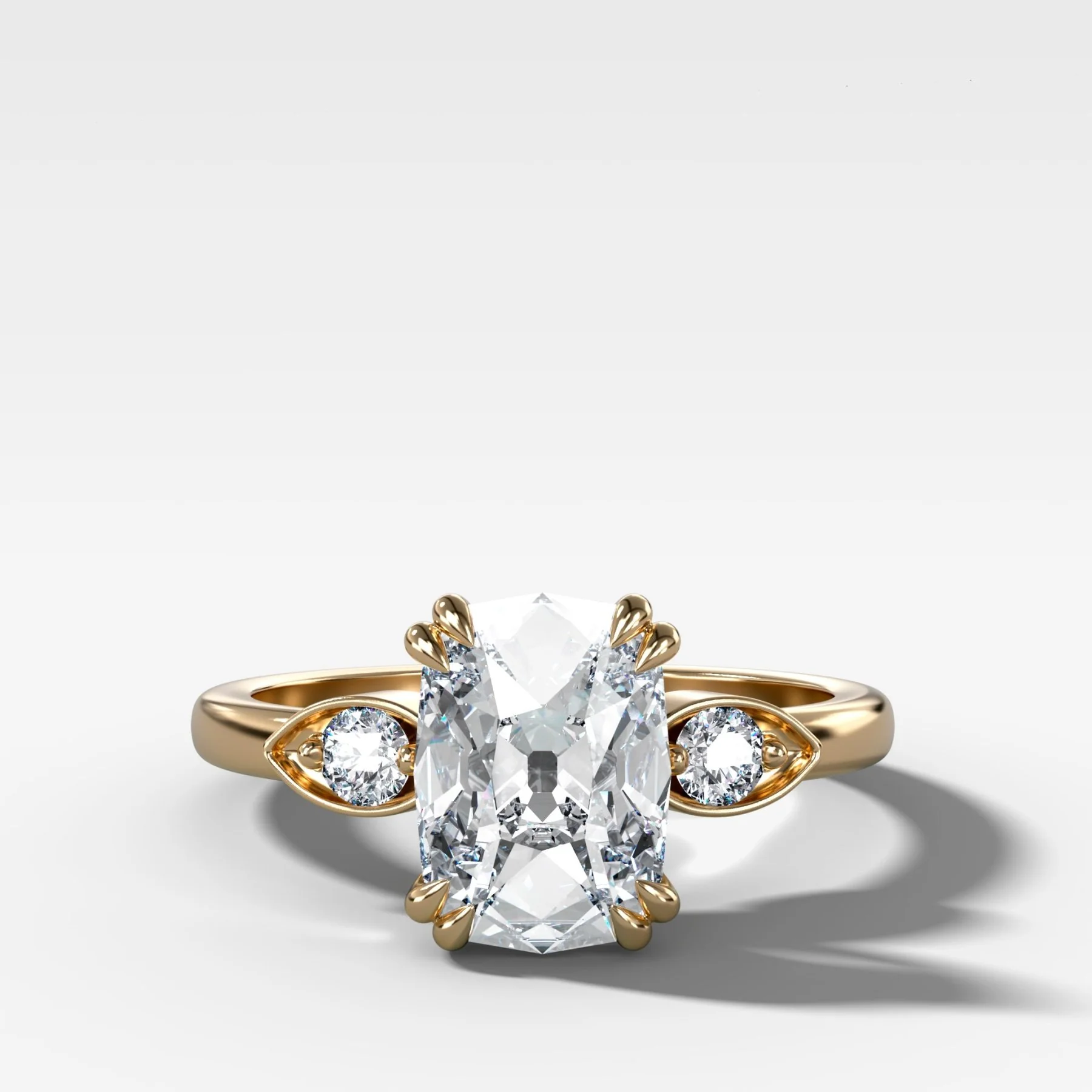 Vintage Ridge Shank Diamond Engagement Ring With Elongated Old Mine Cut Diamond