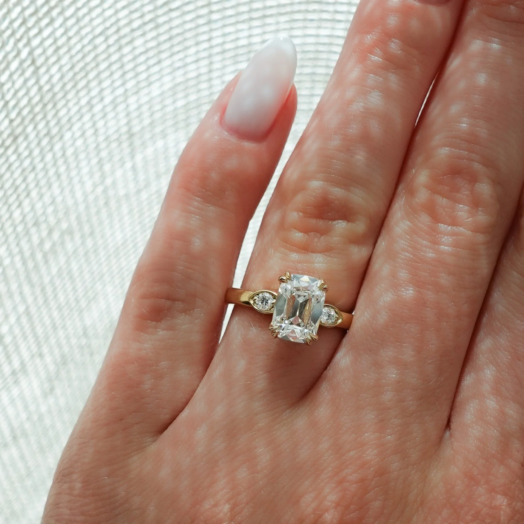 Vintage Ridge Shank Diamond Engagement Ring With Elongated Old Mine Cut Diamond - Image 3